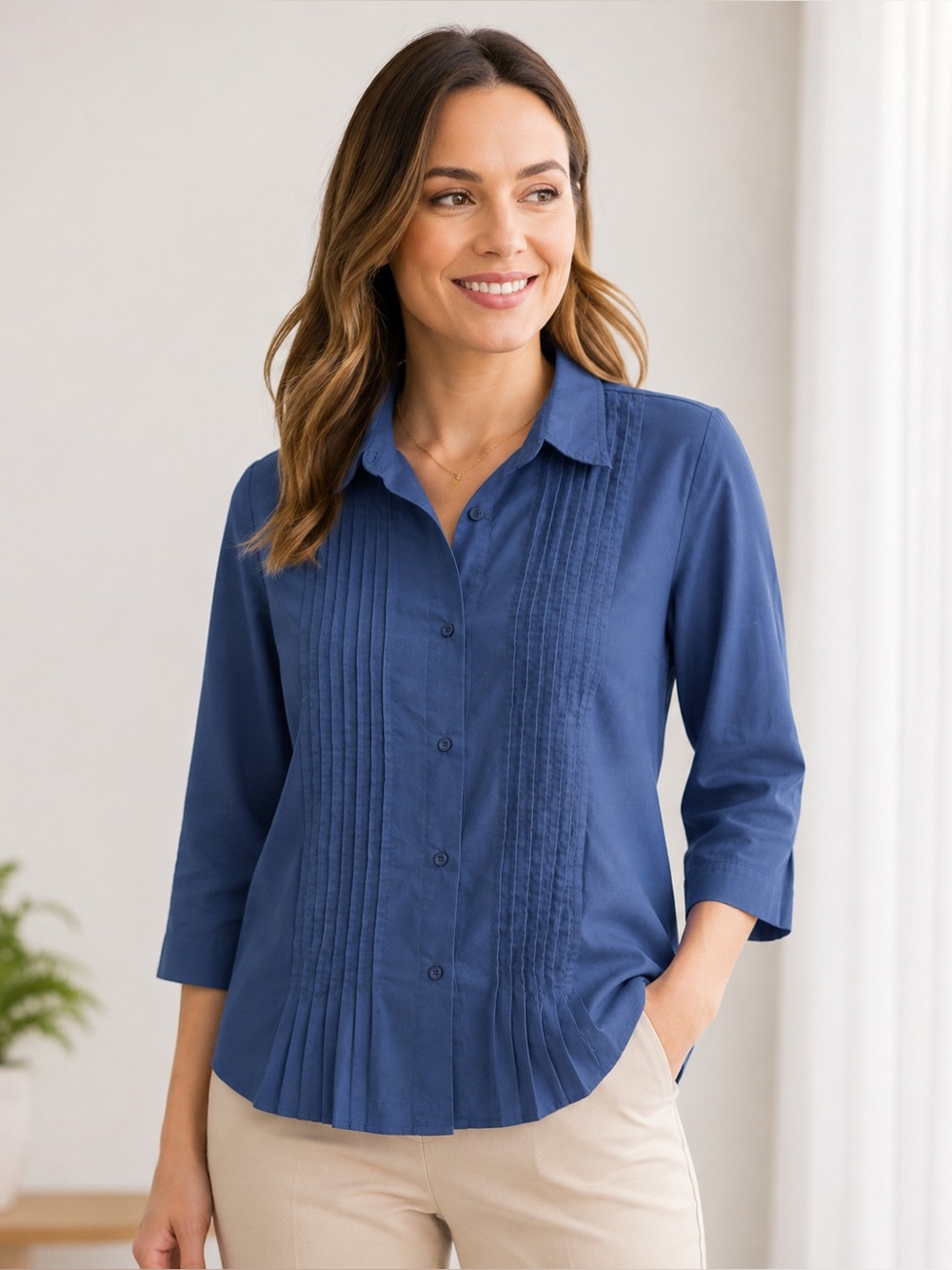 American Sweetheart Women’s L Navy Pintuck Button Front Blouse 3/4 Sleeve
